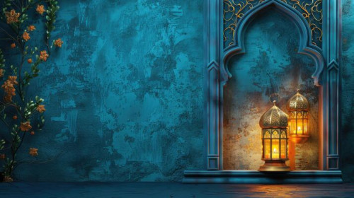an-ornate-islamic-archway-and-glowing-lantern-against-a-blue-textured-wall-capturing-the-spirit-of-the-islamic-new-year-photo.jpeg